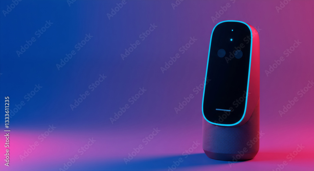 Poster smart speaker with glowing blue light on gradient background. voice assistant device for home automa