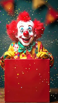 Smiling clown pops out of a red box ready to surprise on April Fools' Day. Clown in bright clothes and hat. Fun and prank concept, suitable for postcard, banner or poster.
