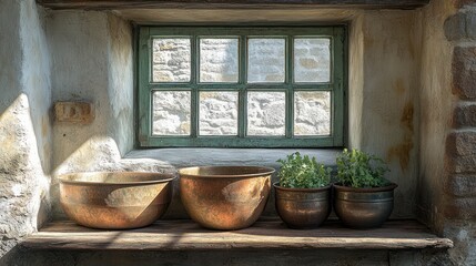 Rustic window display with copper bowls and herbs