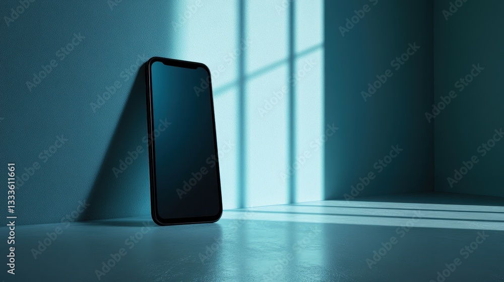 Poster smartphone in shadows: a sleek smartphone stands alone in a moody room. light and shadow create a dr