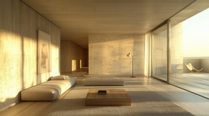 Naklejka premium Living room Minimalist Furniture A living room with a simple gray sofa, a minimalist wood coffee table, and a single floor lamp, creating a clean and uncluttered space.