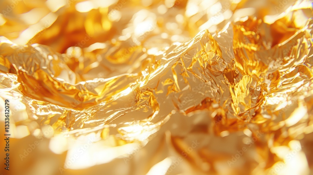 Poster gold abstract texture close up of crumpled gold foil with intricate textures and light reflections, 