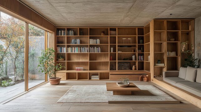 Living room Minimalist Furniture A living room with built in shelving and storage, keeping the space clutter free and maximizing functionality.
