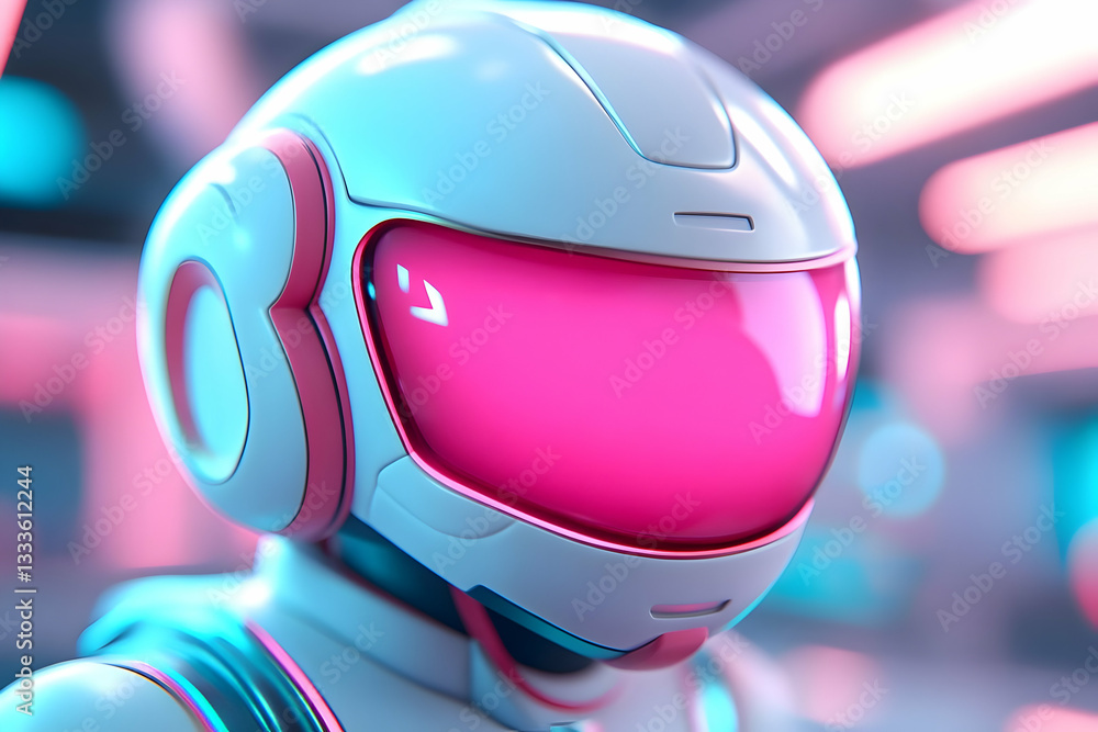Canvas Prints close-up of a glowing pink and white robot helmet in a neon grid