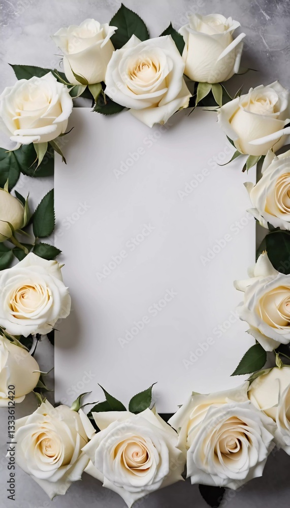 Poster delicate white roses encircle an empty space, creating a beautiful canvas for sentiments and wishes.