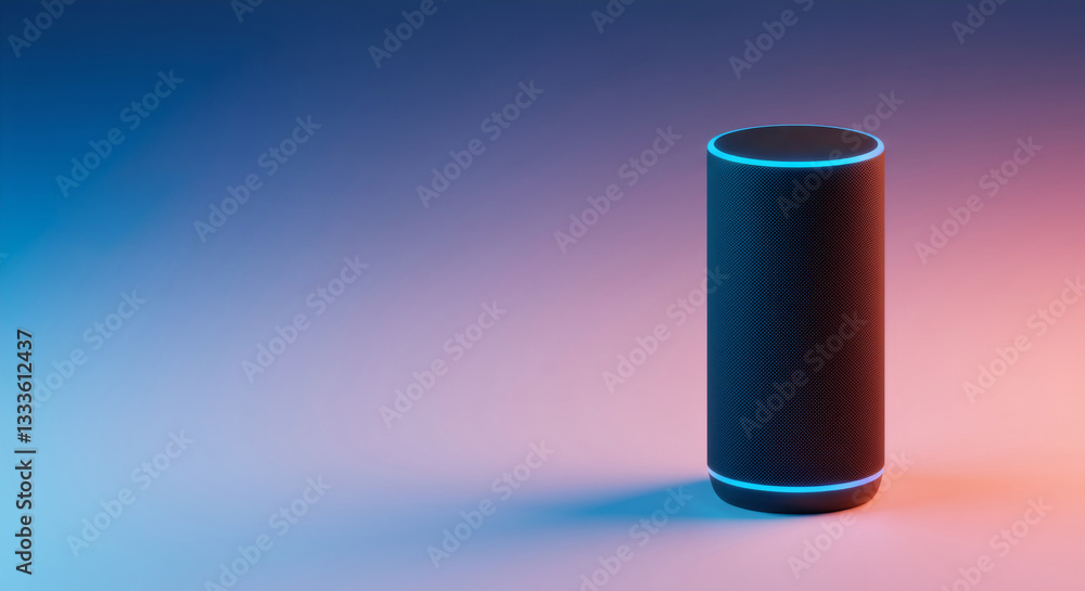 Poster smart speaker device on gradient background with blue and pink tones. voice assistant technology con