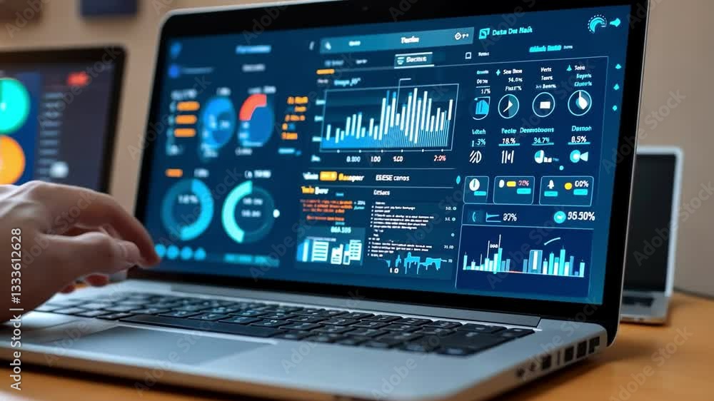 Poster data visualization on laptop screen exploring graphs, charts, and analytics for enhanced business in