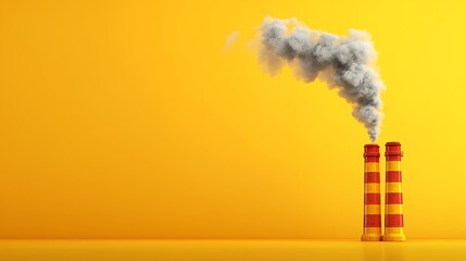 Industrial Smokestacks Emitting Gray Smoke Against Yellow Background