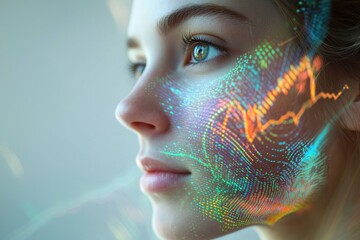 A woman's face is overlaid with a vibrant, iridescent data stream, symbolizing digital transformation and technological integration with the human form.