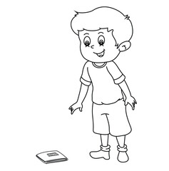Cute cartoon hand drawn vector smiley boy find the purse coloring page.