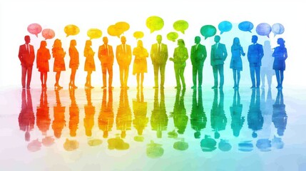 Team Collaboration Diverse group of people brainstorming ideas with colorful speech bubbles connecting their thoughts, illustrating teamwork and communication.