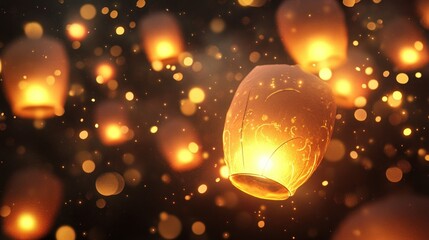 Obraz premium Floating sky lanterns at night