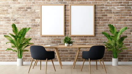 Artistic Workspace with Mockup Frames: A stylish workspace setup featuring a wooden desk, two chairs, lush plants, and two blank picture frames on a rustic brick wall.