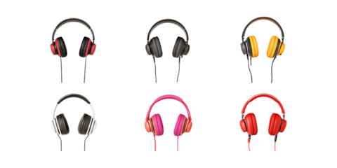 Six pairs of wired on-ear headphones are presented in a collection of vibrant colors, providing versatile product mockups isolated on a white.