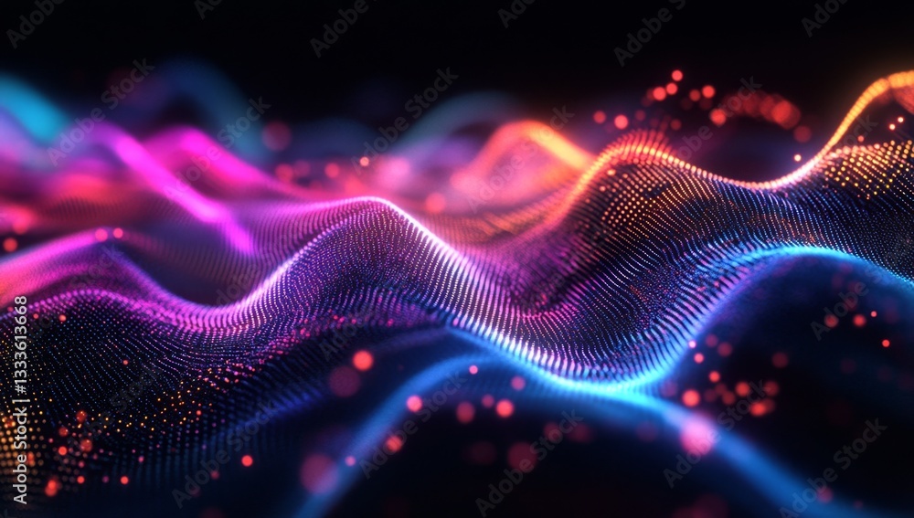 Poster abstract digital wave patterns in vibrant colors. particles form flowing, undulating lines against a