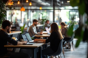 Modern coworking space with professionals typing on laptops,