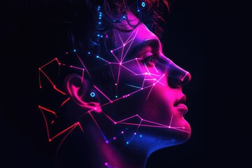 A profile of a person's face illuminated with vibrant pink and blue neon lights, forming a futuristic constellation-like pattern.