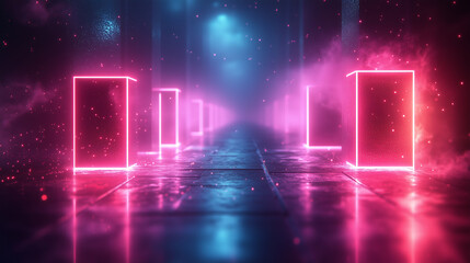 Neon Glow Illuminates A Mysterious Pathway Where Pink And Blue Cubes Pulse With Vibrant Energy, Creating A Futuristic, Ethereal Atmosphere