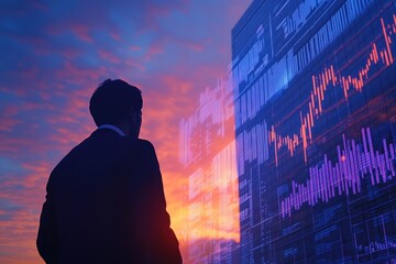 A businessman contemplates financial data projected onto a building at sunset, symbolizing investment and future prospects.