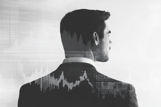 A businessman's back is superimposed with financial charts, symbolizing strategic market analysis and future planning.