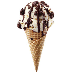 An ice cream cone with chocolate drizzle, isolated on a transparent background