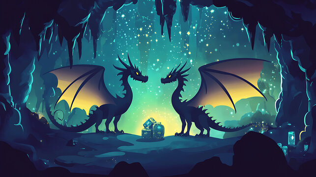Two majestic dragons guarding a treasure chest in a mystical cave illuminated by sparkling lights