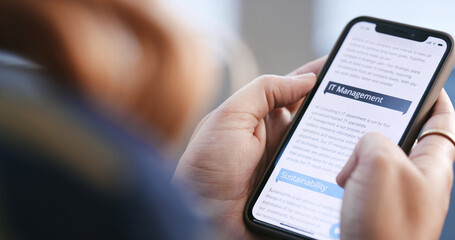 Phone screen, IT and hands of business person in office for research, website and internet. Professional, company and worker on smartphone for reading report, online advice and web management
