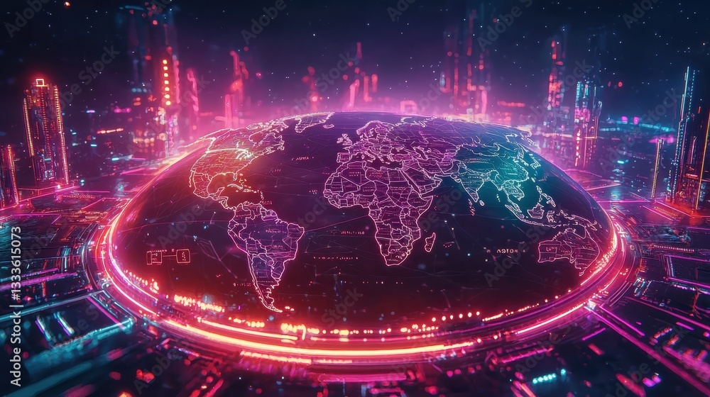 Aufkleber world map futuristic maps holographic world map floating in space, with glowing neon outlines of con