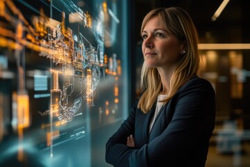 A businesswoman thoughtfully observes a complex data visualization displayed on a large interactive screen, analyzing intricate network patterns.