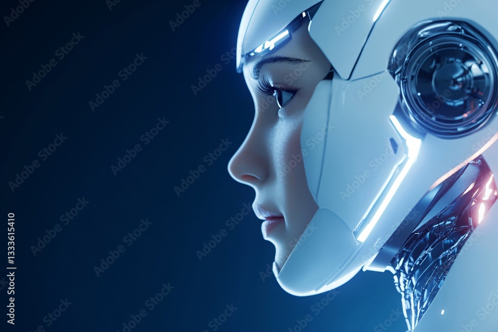 Poster futuristic artificial intelligence robot face in profile view on dark background. humanoid cyborg wi
