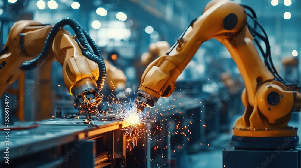 Poster advanced robots performing welding tasks in automotive assembly line