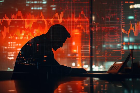 Silhouetted businessman working late, analyzing intense red data streams on screens, reflecting stress and late-night work.