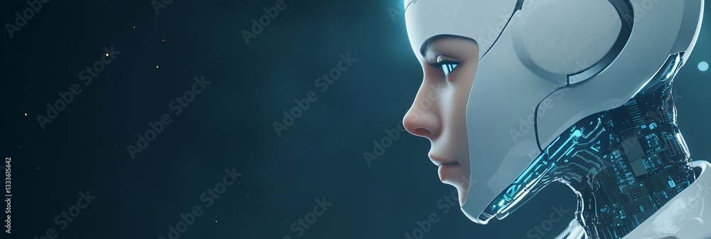 Poster futuristic android woman in profile view with glowing blue background. artificial intelligence and r