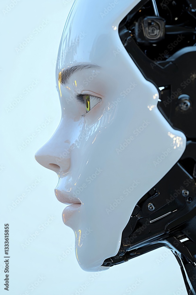 Poster artificial intelligence humanoid robot face in profile view. futuristic android with white synthetic