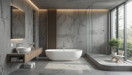 elegant concrete finishes and a modern, minimalist bathroom design. Rendering in 3D