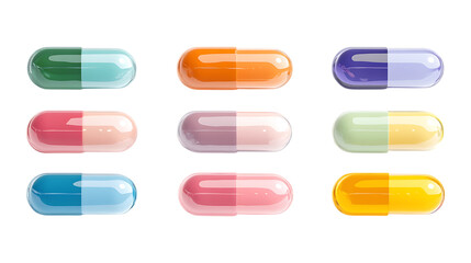 Nine assorted colorful two-piece capsules are lined up in a grid against a plain transparent background ideal for pharmaceutical advertising copy.