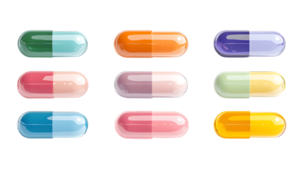 Nine assorted colorful two-piece capsules are lined up in a grid against a plain transparent background ideal for pharmaceutical advertising copy.