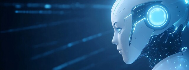 Futuristic artificial intelligence robot head in profile with glowing blue eye. AI concept, machine learning, and advanced technology visualization on dark background.