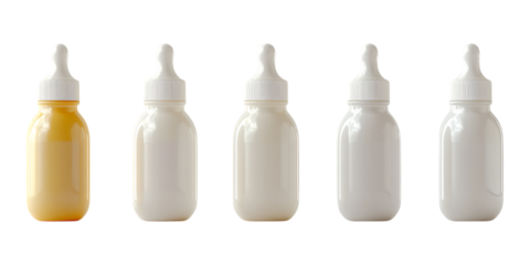 A sequence of five baby feeding bottles shows color variation from yellow liquid to plain white milk for nutrition comparison isolated on a white.