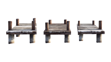 Three rustic wooden dock sections or jetties are shown separately for construction or pier design concepts isolated on a transparent background.