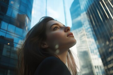 A young woman gazes upward, lost in thought amidst towering city skyscrapers.