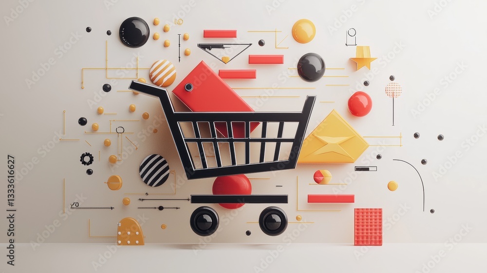 Poster shopping minimalist icon a geometric shopping cart icon using basic shapes and a muted color palette