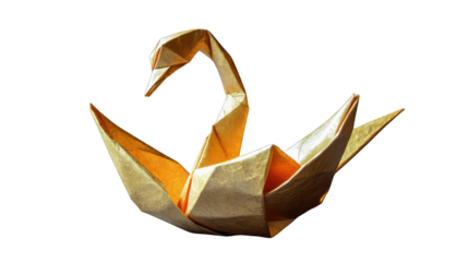 A neatly folded origami swan made from golden paper on a transparent background
