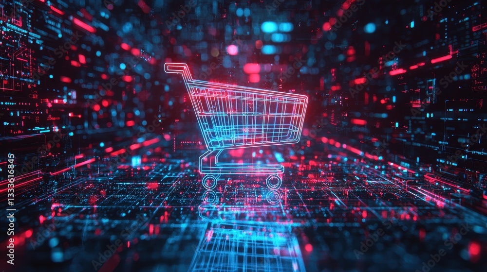 Poster e commerce and digital shopping cart a shopping cart icon with a computer mouse hovering over it, re