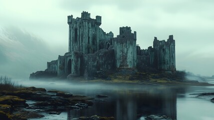 Mysterious Scottish castle shrouded in mist near tranquil waters in a breathtaking cultural landscape