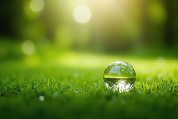 glass ball sitting on top of a lush green field