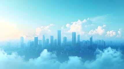 Fototapeta premium Minimalist cityscape with towering skyscrapers under a bright blue sky filled with soft clouds at sunrise