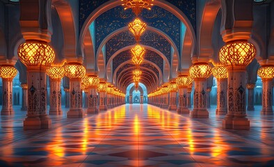 Obraz premium Intricate Arches and Glowing Lanterns in a Serene, Colorful Corridor
