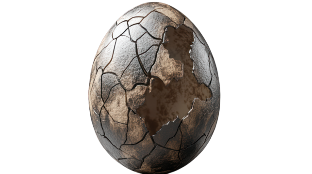 A realistic dragon egg with cracks forming on a transparent background