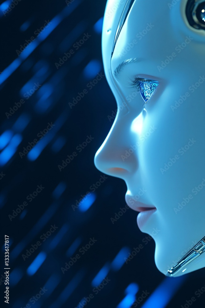 Poster artificial intelligence robot face with teardrop. ai emotion concept. machine learning and human-lik